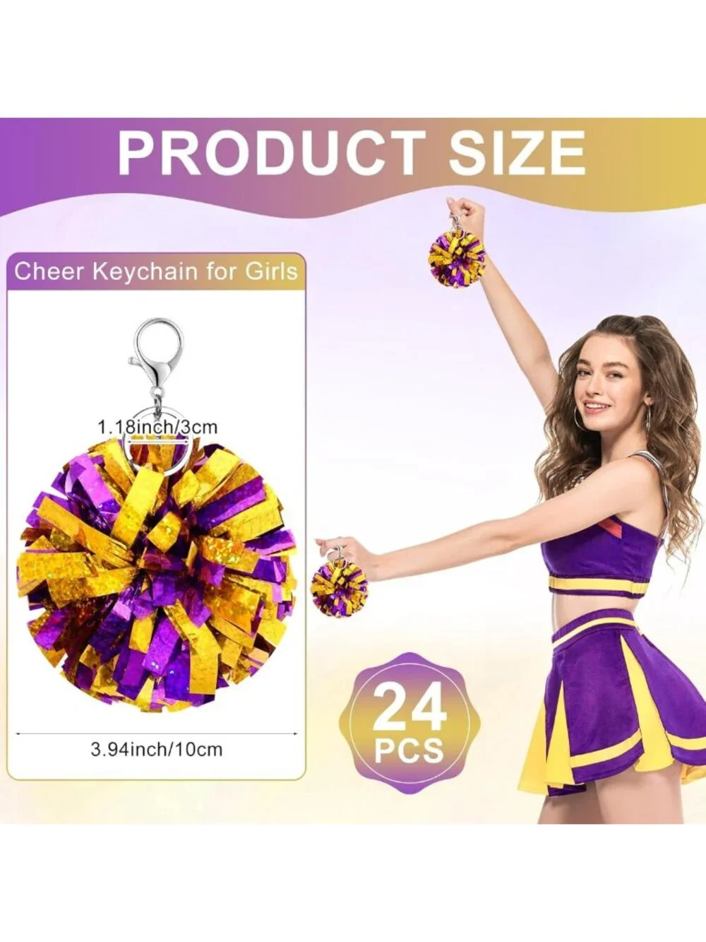 Cheerleader Pom Pom Keychain Set - 24 Colorful Foil Keyrings for Cheer Gifts